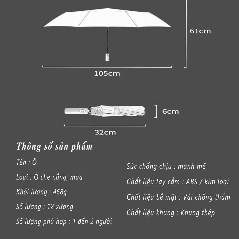 Dù,Ô 12 Nan cán trơn che mưa đi nắng nút bấm tự động gấp gọn cao cấp chống thấm nước TIME HOME