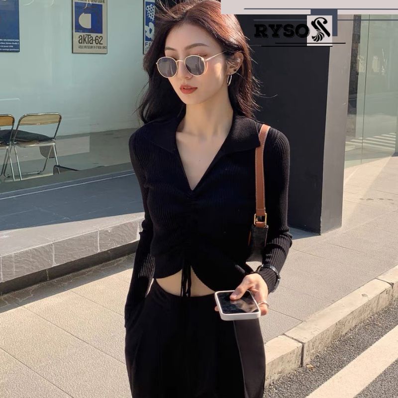 Áo kiểu croprop có cổ chất vải borip gân cao cấp kiểu dáng sexy cho nữ siêu đẹp