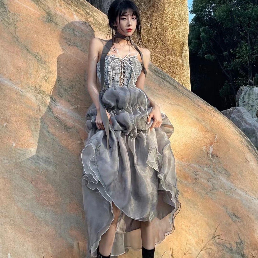 Đầm Hai Dây Phối Lưới Cột Dây Ngực Phong Cách Retro Pháp Thời Trang Đi Biển