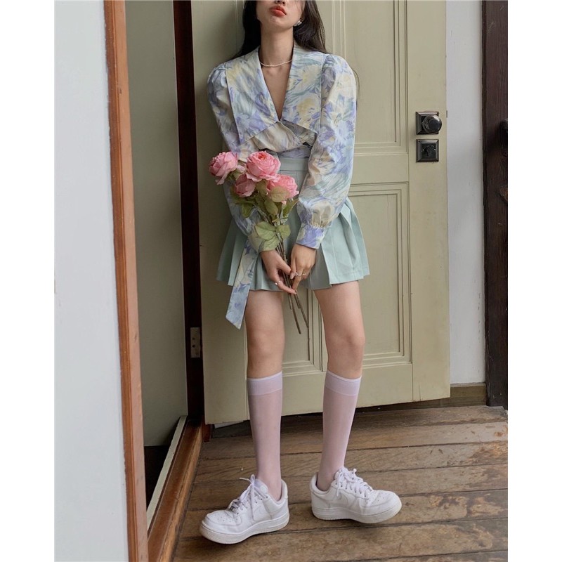 [ORDER] SET ULZZANG ÁO SƠ MI CROPTOP HOẠ TIẾT PHỐI DÂY MIX CHÂN VÁY TENNIS CÓ ẢNH THẬT