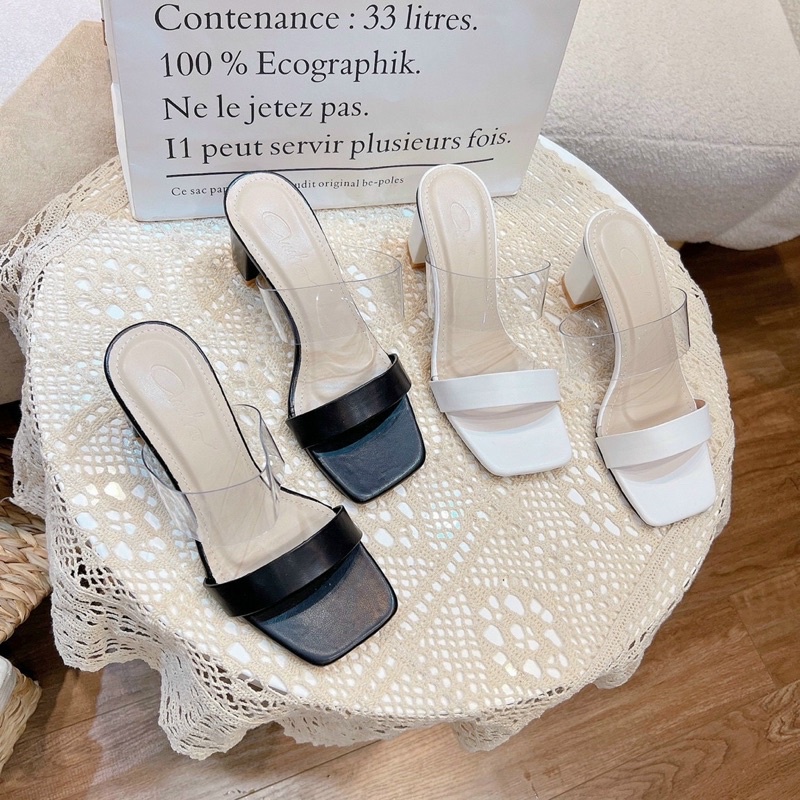 Dép cao gót nữ gót vuông 6p 2 quai (1 trong,1 da) mẫu mới