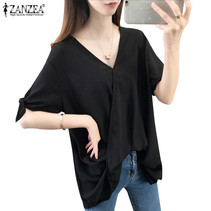 Áo sơ mi Zanzea tay ngắn cổ chữ v thời trang phong cách Hàn Quốc cho nữ