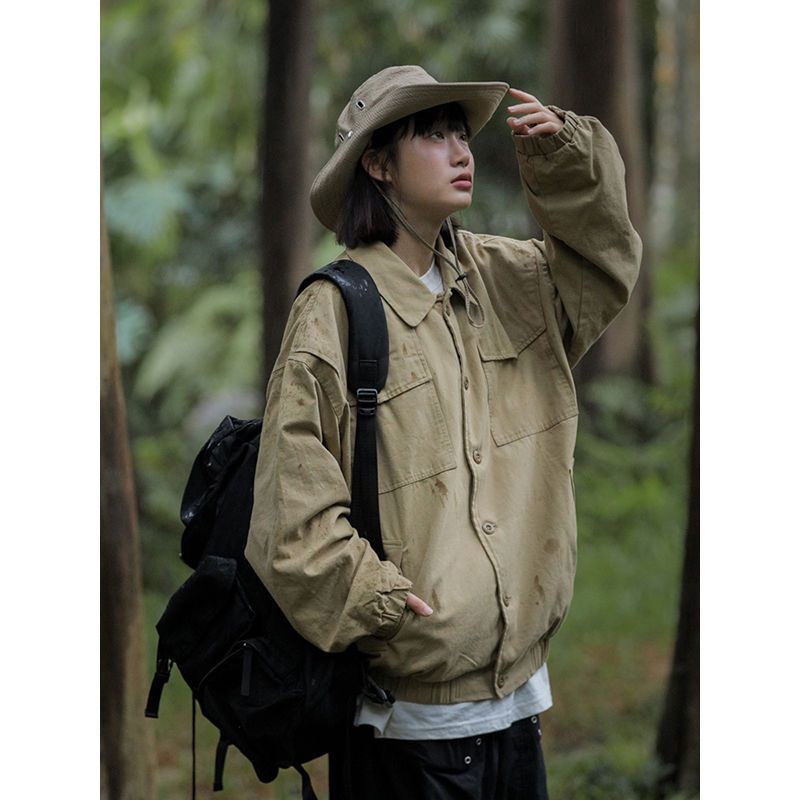 IMaodou Imaodou autumn new all-match jacket nam và nữ nhật bản cityboy áo sơ mi rời phong cách hồng kông retro tooling all-match jacket
