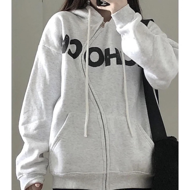 Áo Hoodie Zip Nỉ Cotton OH-OH Tay Phồng Form Rộng Thêu Chữ