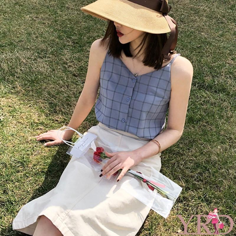 Áo chiffon nữ không tay cổ chữ V họa tiết caro thời trang Hàn Quốc | BigBuy360 - bigbuy360.vn