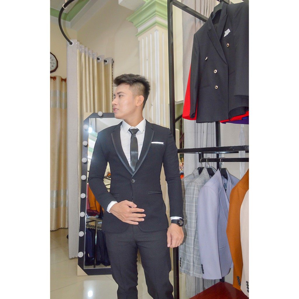 Bộ vest nam ôm body màu đen viền đen + phụ kiện