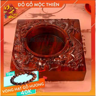 Gạt Tàn Thuốc Gỗ Hương Nguyên Khối  Khắc Rồng Phượng Uyên Ương (Hàng chất lượng)