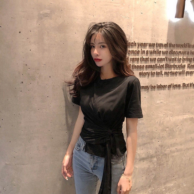 AMOI Áo Thun Tay Ngắn Màu Trắng Phong Cách Hàn Quốc Thời Trang Cho Nữ