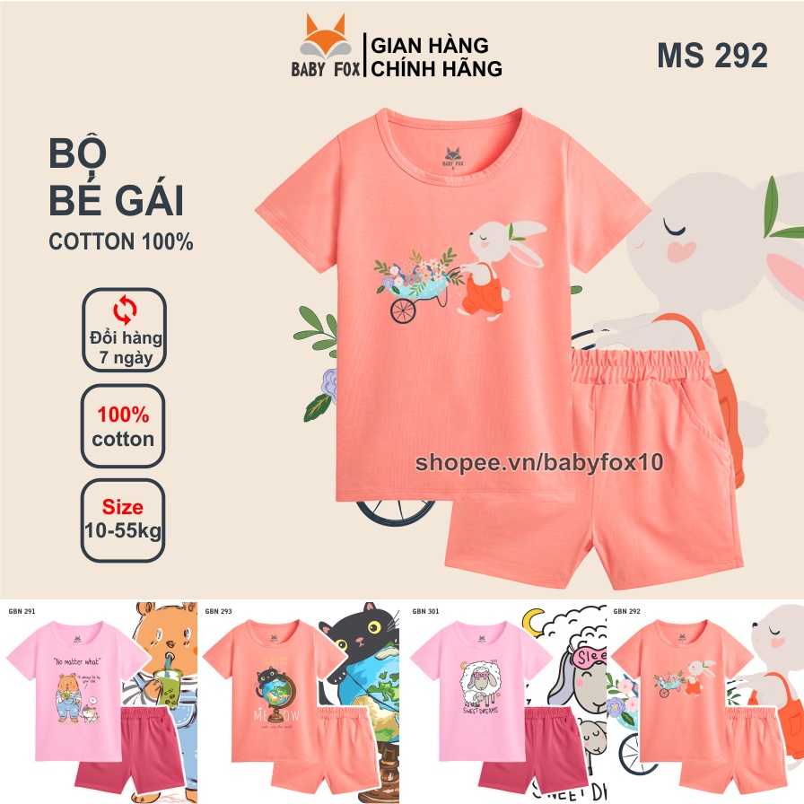 Bộ bé gái size nhỏ, trung, đại 100% cotton cao cấp, thương hiệu BABY FOX, hình mèo, thỏ đáng yêu g