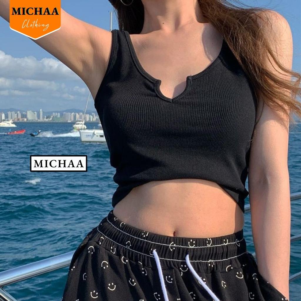 Áo Croptop Ba Lỗ XẺ CỔ CHỮ V Nữ Thun Gân Kiểu Ôm Body Sexy Ulzzang - MICHAA