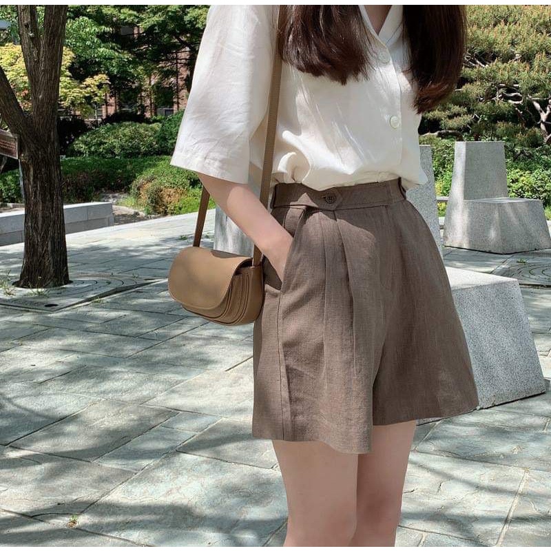 Quần short nữ lưng cao ống rộng Kaki ngang gối (Có sẵn - Ảnh thật shop chụp)
