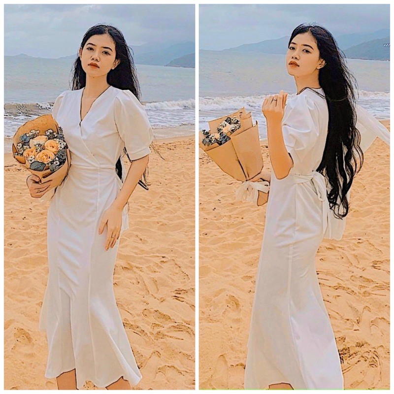 Đầm váy midi trắng đuôi cá form dài (kèm hình thật)
