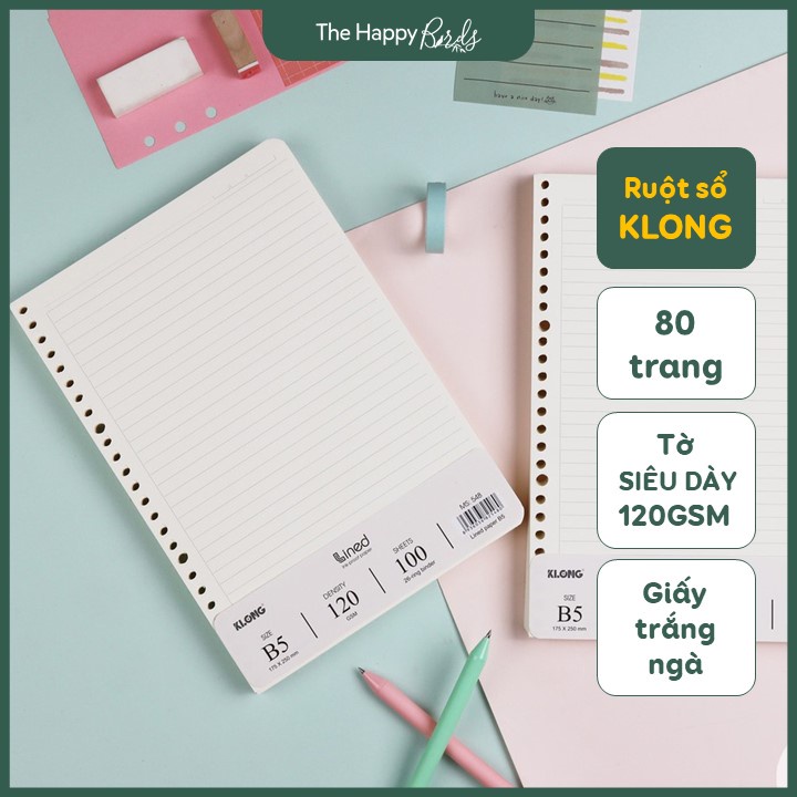 Ruột sổ còng giấy refill KLONG B5 26 lỗ caro kẻ ngang trơn - The Happy Birds