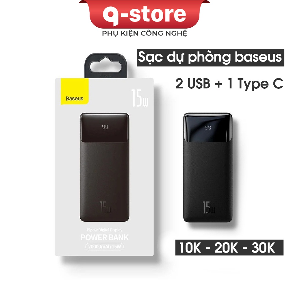 Sạc dự phòng 30000 mAh Baseus Bipow Qstore, Màn hình LED, Sạc nhanh 15W, 3 cổng sạc ra