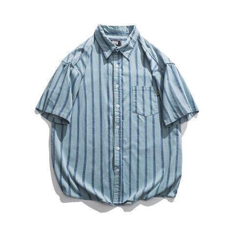 Set Áo Sơ Mi Ngắn Tay Họa Tiết Kẻ Sọc Và Quần Short Phong Cách Retro Nhật Bản Cho Nam Và Nữ