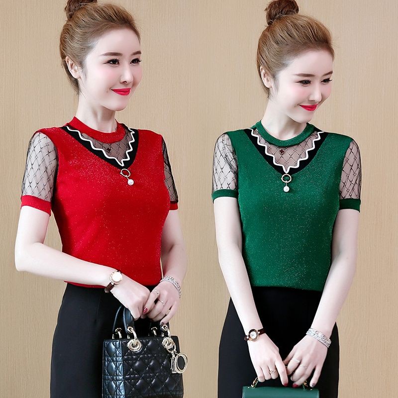 Áo sơ mi ren cộc tay-áo kiểu pha ren