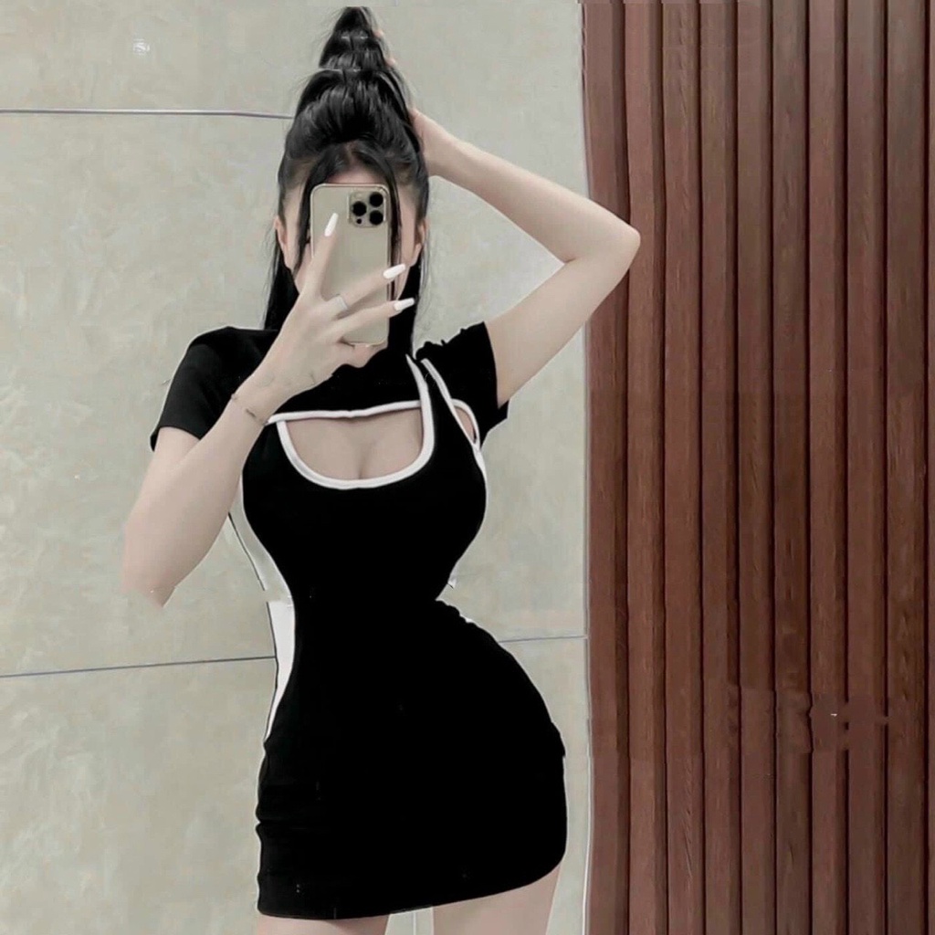 Đầm viền màu tay ngắn khoét ngực ôm body cực sexy , chất thun gân dày dặn