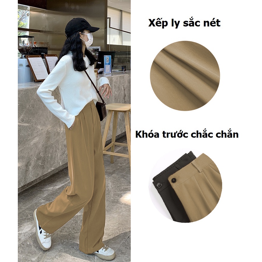 Quần ống rộng suông nữ dài có BIGSIZE lưng cao khóa trước Hack dáng cạp to bản chất chéo Hàn cao cấp trẻ trung QD23