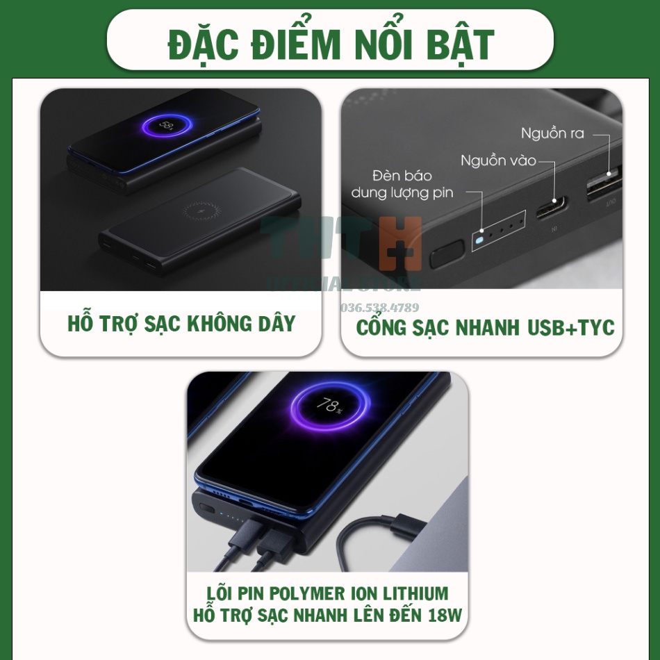 Pin Sạc Dự Phòng Không Dây Xiaomi 10000mAh - Sạc Dự Phòng Tích Hợp Sạc Không Dây Cầm tay BH 6 tháng