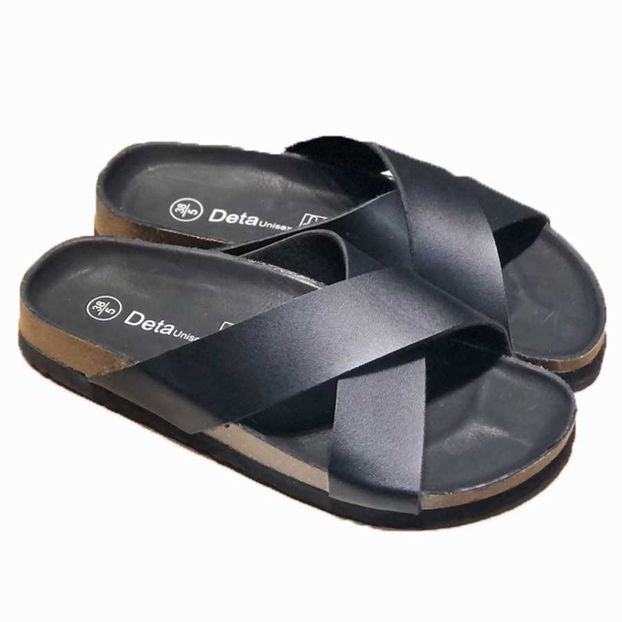 Dép Birken đế trấu quai chéo nam nữ Detaunisex Đen lót Đen - DETA23F