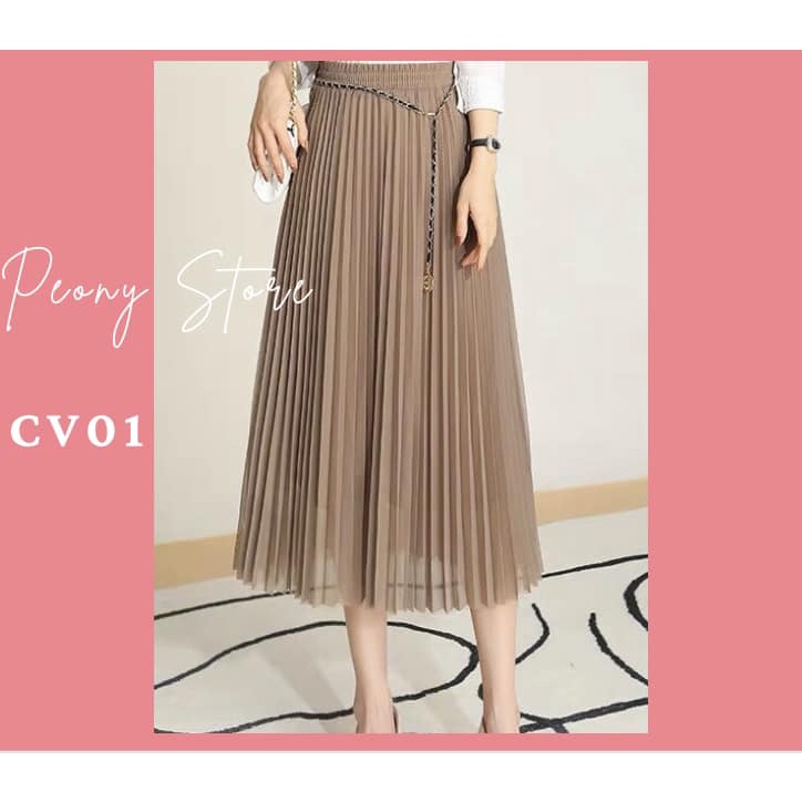 CHÂN VÁY XẾP LY DÀI 75cm chất vải lưới dày dặn dập ly midi công sở kèm dây xích,! siêu HOT! siêu HÁCH DÁNG