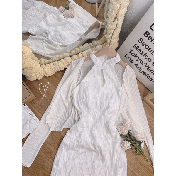 SET ĐẦM MIDI CỔ YẾM TÀU XỐP + ÁO KHOÁC SỌC