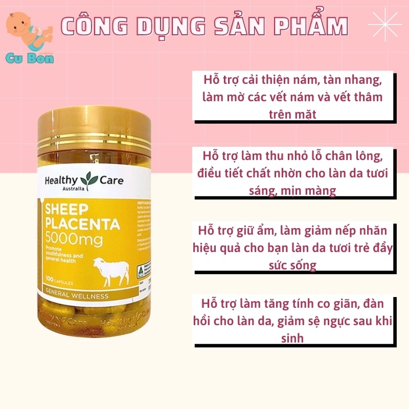 Nhau Thai Cừu Healthy Care Sheep Placenta 5000mg của Úc 100 viên cho người trên 18 tuổi giúp làn da trắng sang khoẻ mạnh