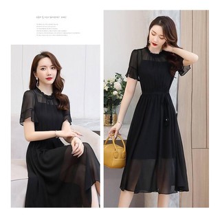 Đầm maxi voan đính nút