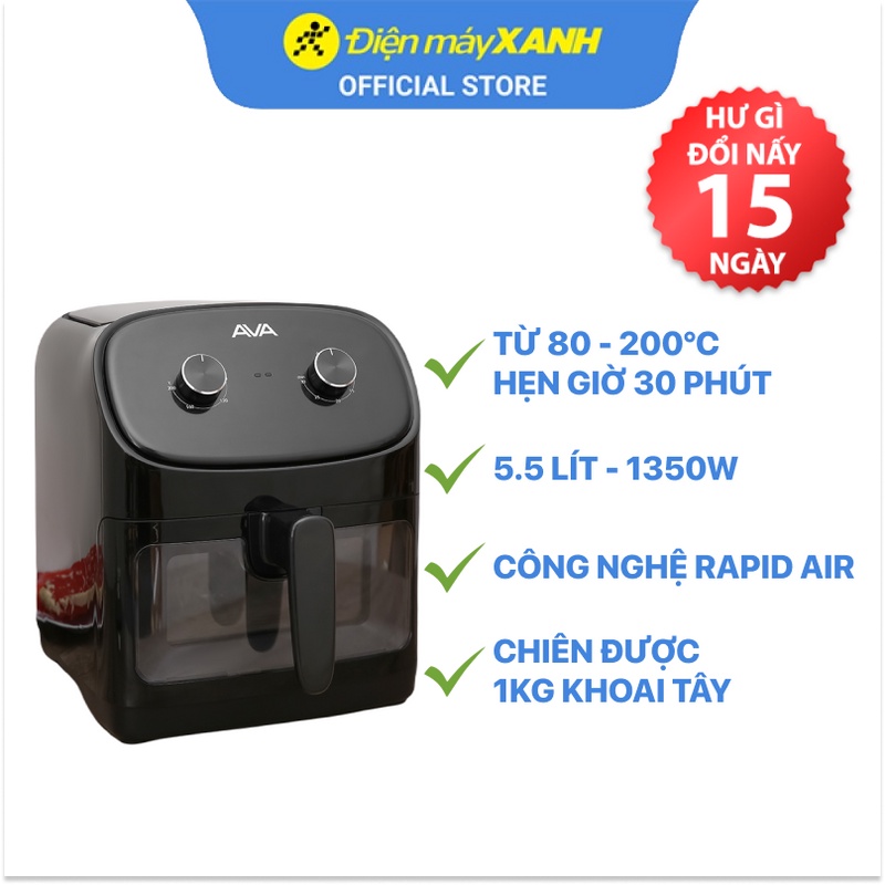 [Mã ELHADEV giảm 4% đơn 300K] Nồi chiên không dầu Ava 55K07A 5.5 lít công suất 1350W - Hàng chính hãng BH 12 tháng