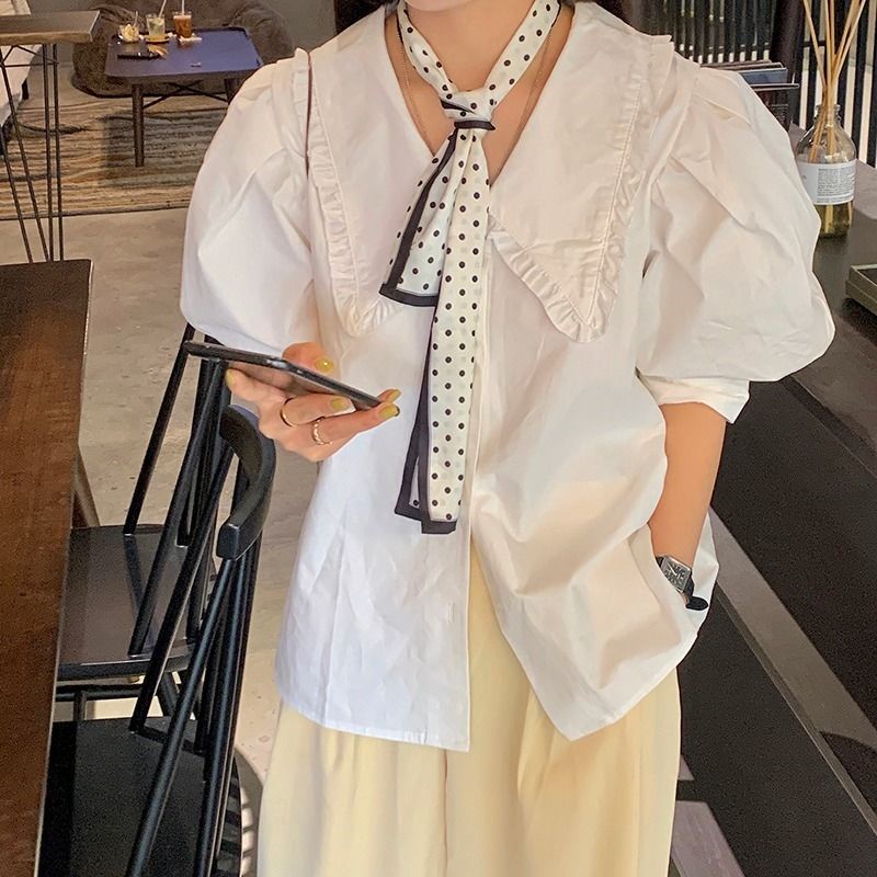 Áo sơ mi tay phồng ngắn màu trơn thời trang mùa hè phong cách Hàn Quốc