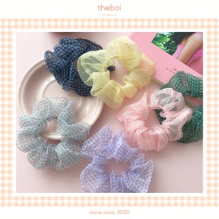 Dây buộc tóc vải scrunchies voan kẻ caro nhiều màu sc03