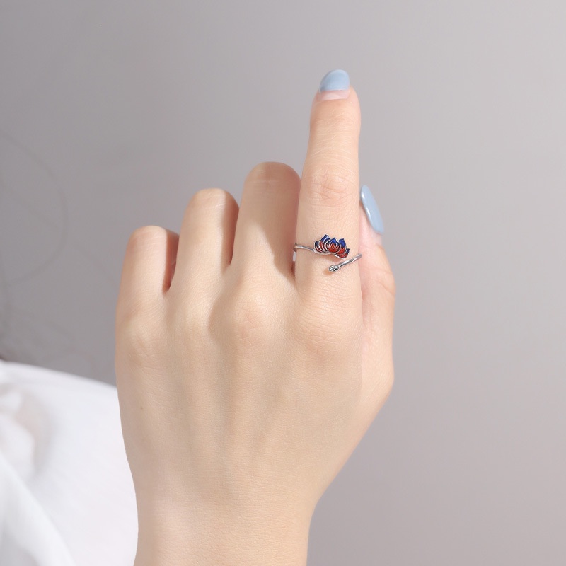 『Mango』Nhẫn Bạc S925 Hình Hoa Sen Xanh Dương Phong Cách Cổ Điển Thời Trang R132