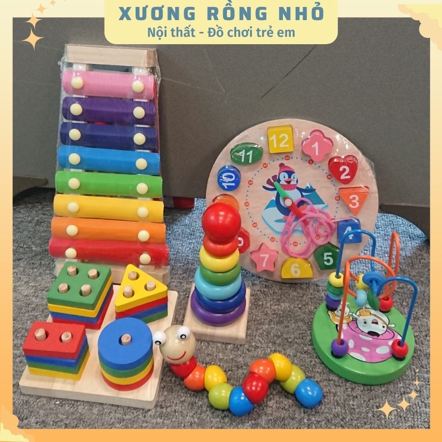 Đồ chơi gỗ thông minh phát triển trí tuệ cho bé, Combo 6 món giá tiết kiệm dành cho bé 1 2 3 4, giáo cụ Montessori