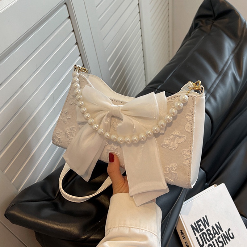 Ygt Túi Xách Đeo Vai / Đeo Dưới Cánh Tay Cỡ Nhỏ Bằng Nylon Mềm Đính Nơ Phối Dây Xích Ngọc Trai Giả Kiểu