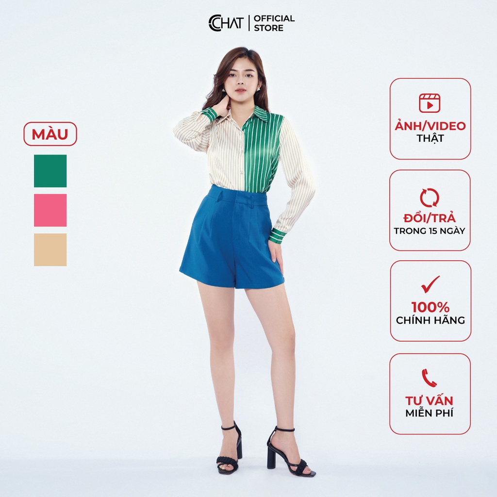 Áo Sơ Mi Nữ 𝐂𝐂𝐇𝐀𝐓 Họa Tiết Kẻ Phối Cổ Đức Chất Lụa Cao Cấp Dáng Suông Trẻ Trung 12FDL8031ST
