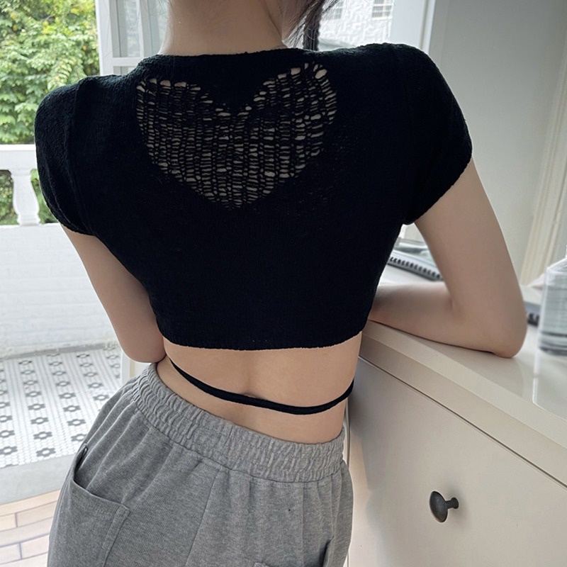 Áo Croptop Dệt Kim Tay Ngắn Cổ Chữ V Màu Sắc Trơn Cột Dây Phong Cách Hàn Quốc Thời Trang Cho Nữ