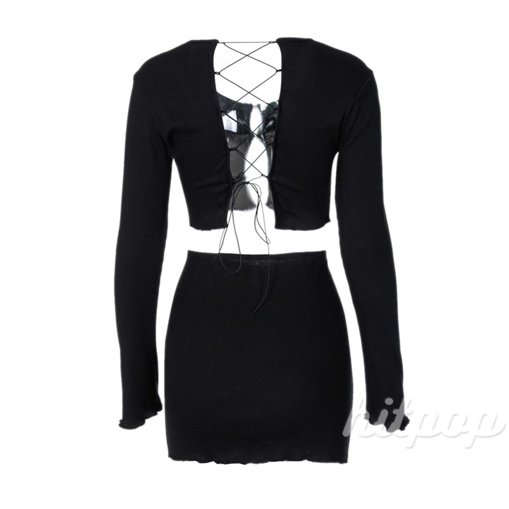 Set áo croptop tay dài + chân váy ngắn màu trơn quyến rũ cho nữ