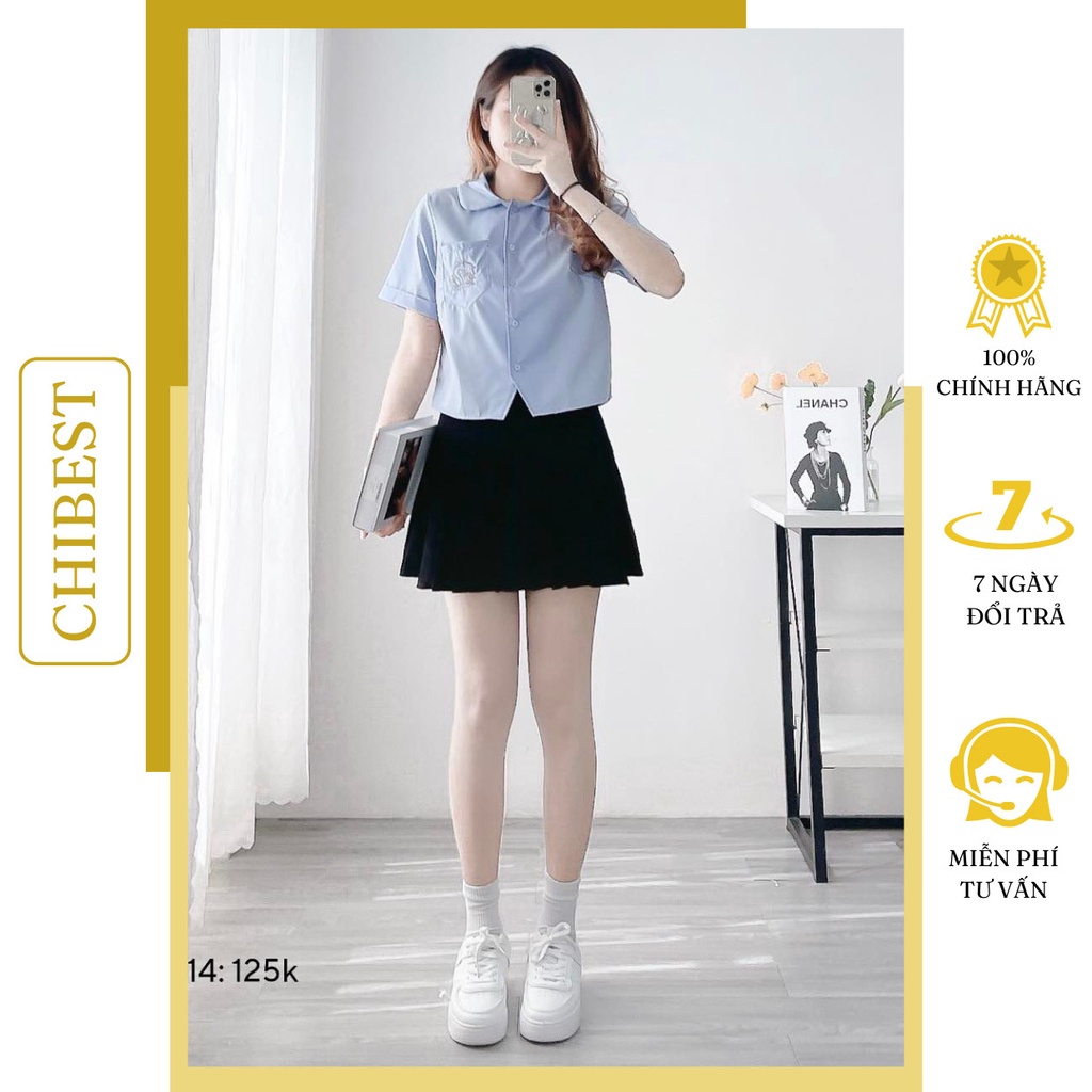 Áo Sơ mi nữ cổ bẻ túi áo thêu hình gấu Logo thêu nổi chất liệu kate CHIBEST DAB514