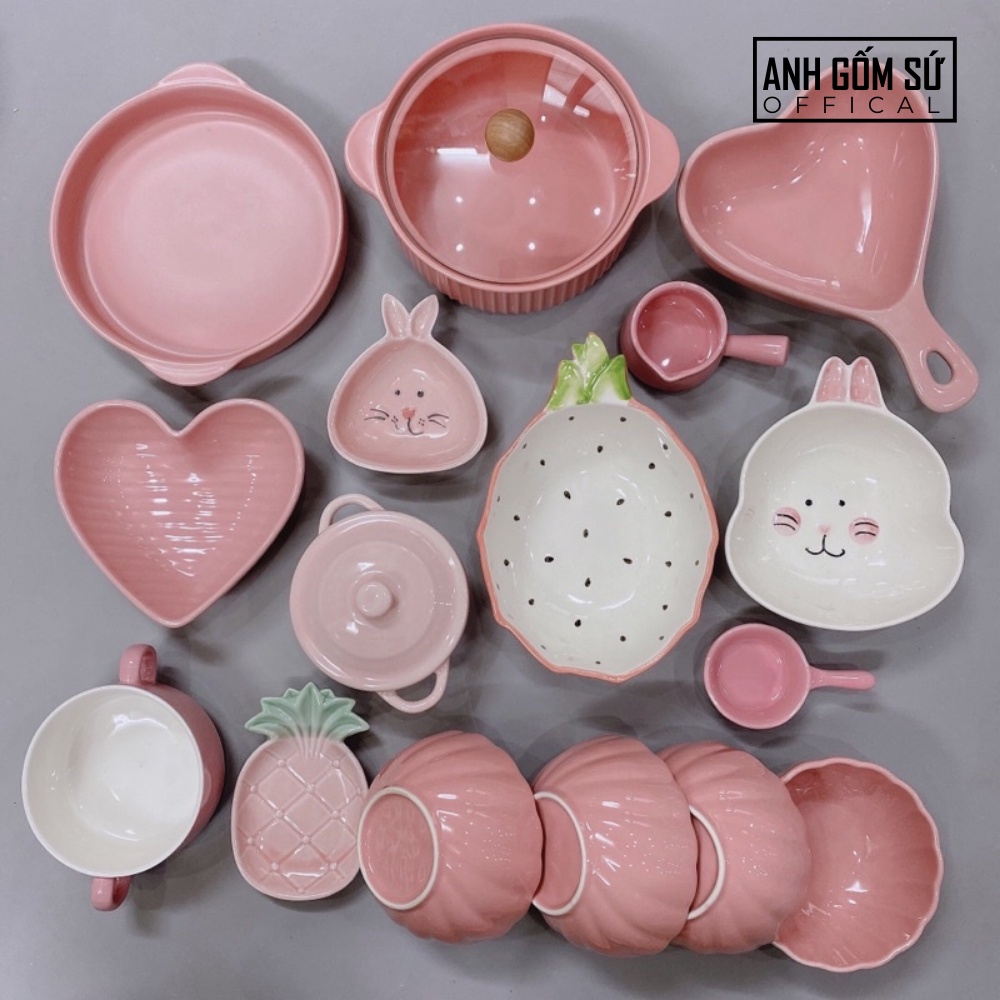Bộ bát đĩa decor, bát ăn cơm, chén dĩa sứ màu hồng dễ thương cao cấp