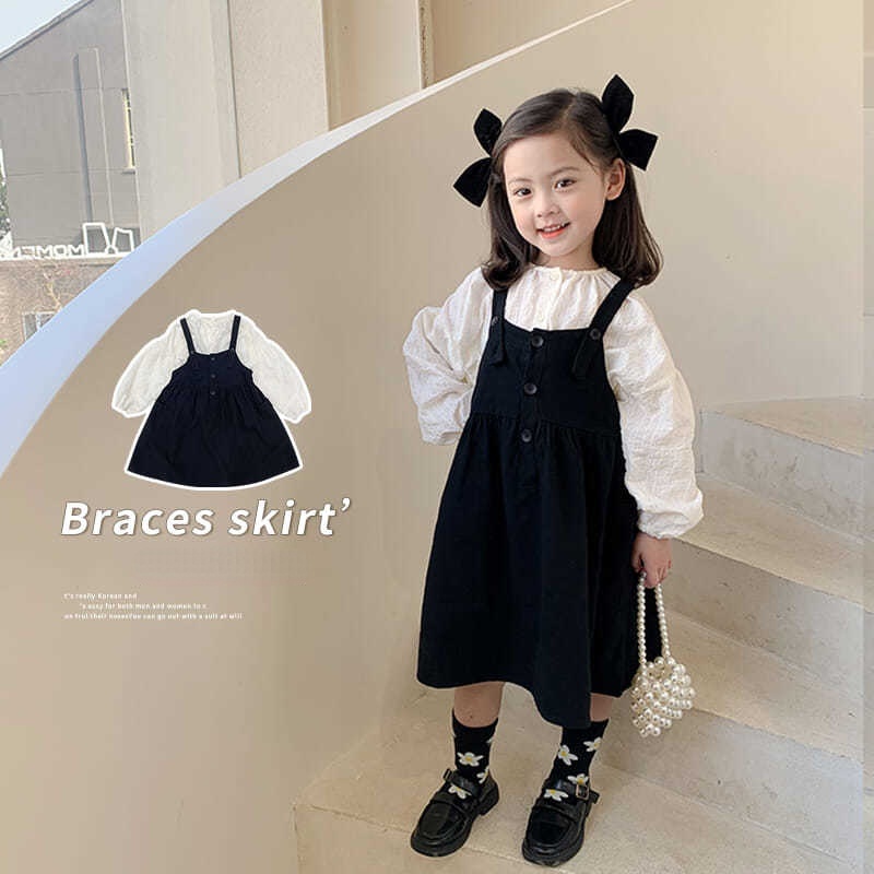 Set Đầm Dây + Áo Sơ Mi Tay Bồng Kiểu Dáng Mới Dành Cho Trẻ Em