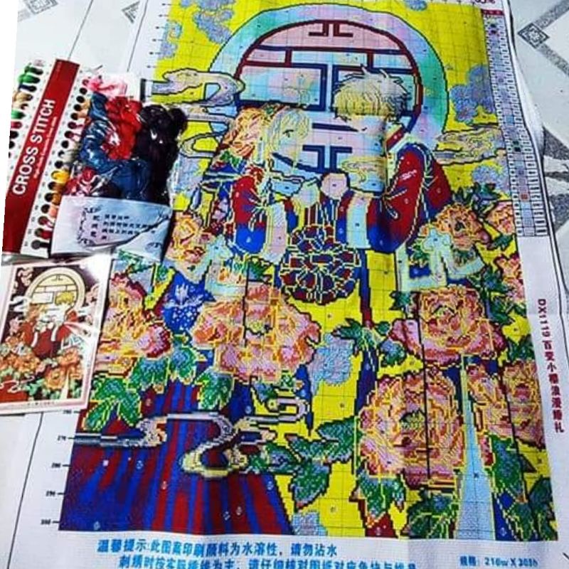 Tranh thêu chữ thập chibi. hình đám cưới Hàn Quốc. Tranh thêu rước dâu.