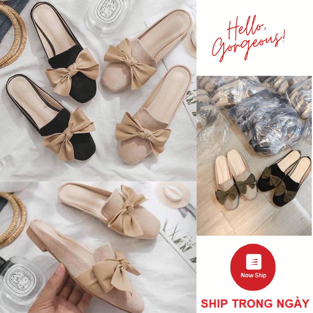 Giày Mules Nơ Da Lộn Giày Lười Nữ G15