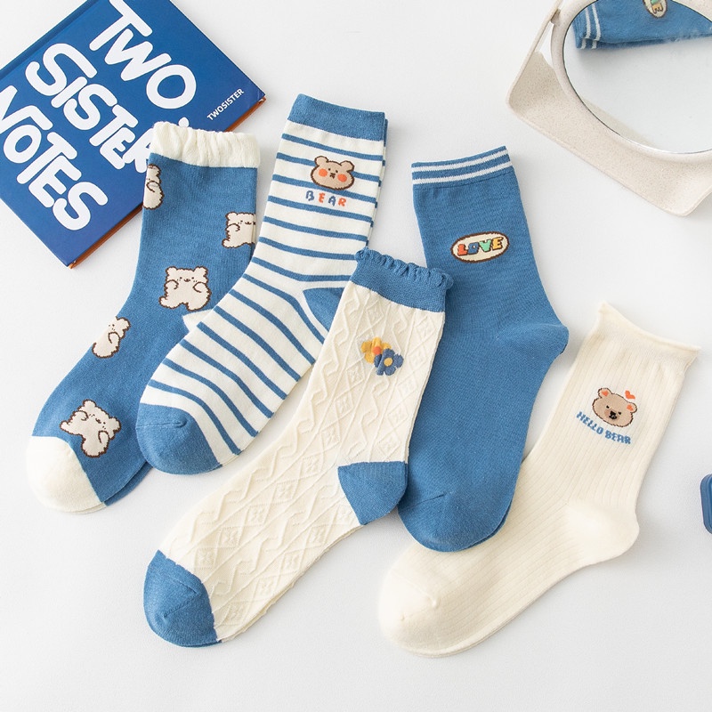 WAFNHA D608 Vớ cotton Thêu Hình Gấu Phong Cách Hàn Quốc Dành Cho Nữ