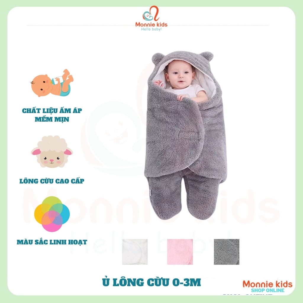 Ủ lông cừu có chân cho bé 0-3 tháng, túi ủ cho trẻ sơ sinh - Monnie Kids