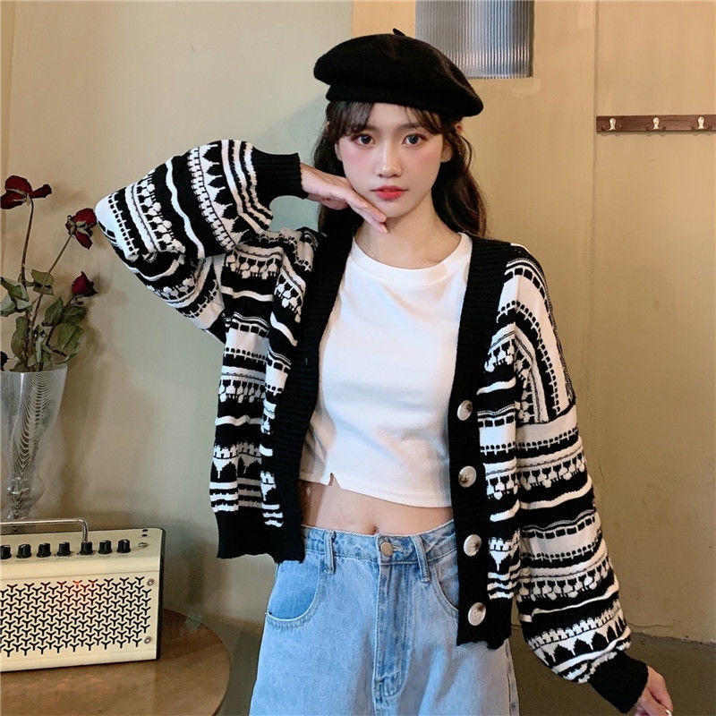 Áo Khoác Cardigan Dệt Kim Dáng Rộng Họa Tiết Kẻ Sọc Thời Trang Thu Đông Phong Cách Hàn Quốc