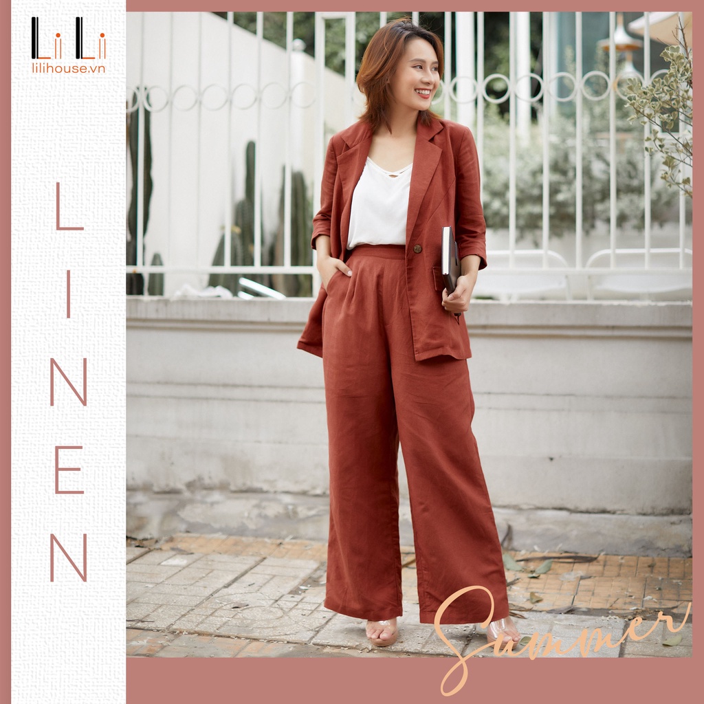 Set đồ vest blazer nữ phối quần ống rộng cao cấp công sở đẹp chất liệu linen tự nhiên mềm mát màu chery | BigBuy360 - bigbuy360.vn