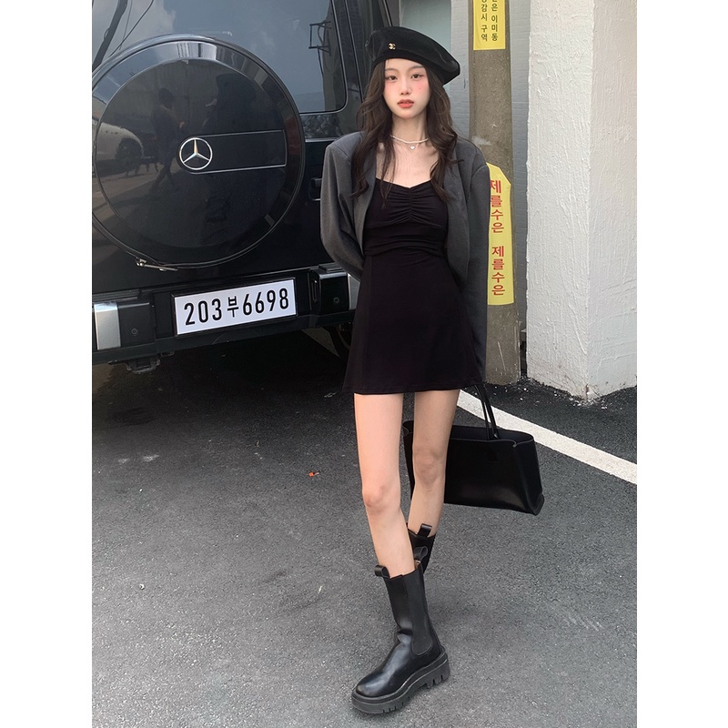 Đầm Hai Dây Tay Dài / Áo Khoác Vest Dáng Ôm Đính Ngọc Trai Thời Trang Hàn Quốc Quyến Rũ Cho Nữ