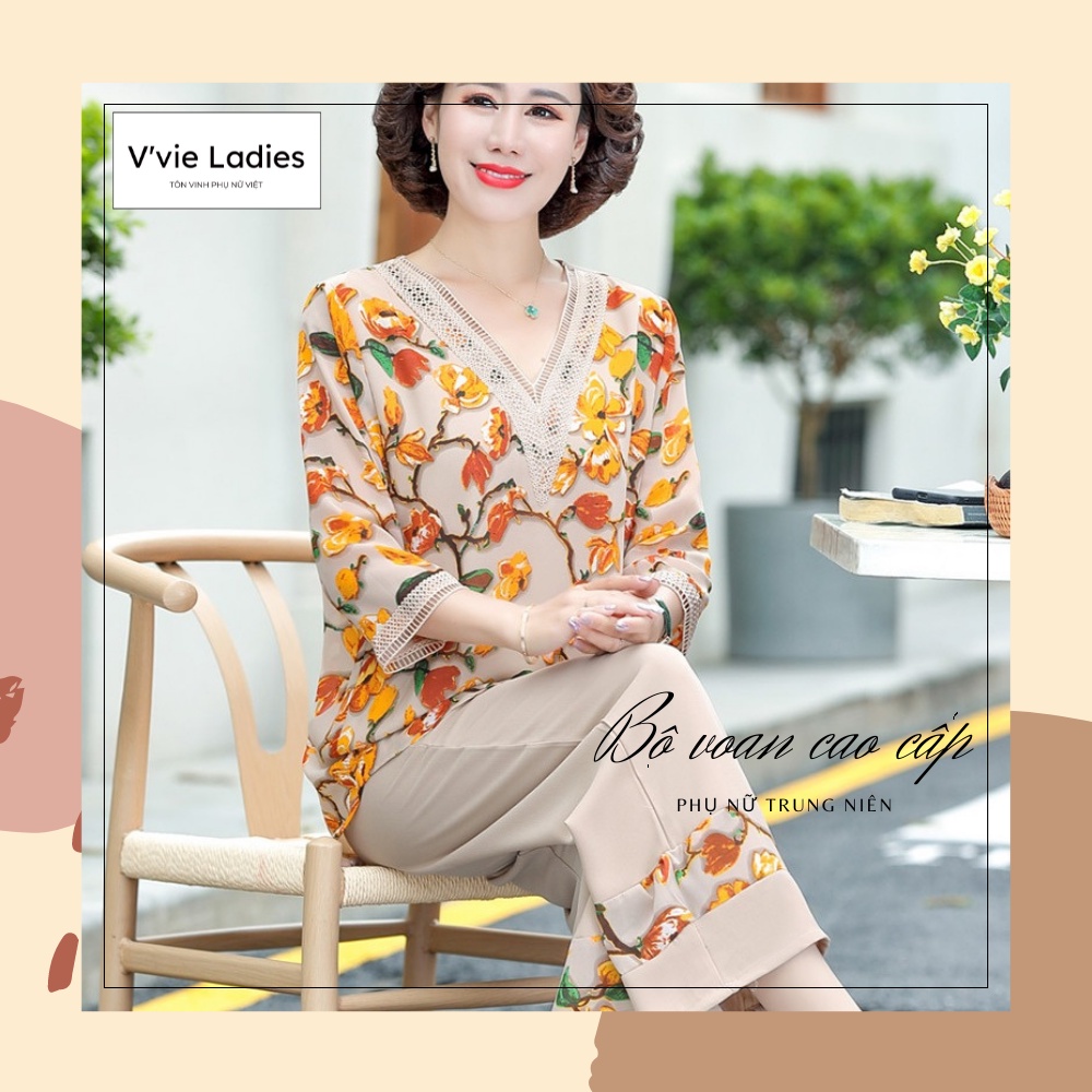 [Hàng Quảng Châu]Đồ bộ nữ trung niên voan lụa quần ống rộng - Thời trang trung niên nữ cao cấp sang trọng Vvie Ladies