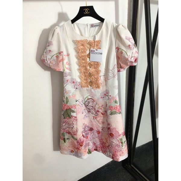 Đầm suông tay phồng thương hiệu Valentino cao cấp thiết kế mới trẻ trung hoạ tiết hoa siêu xinh