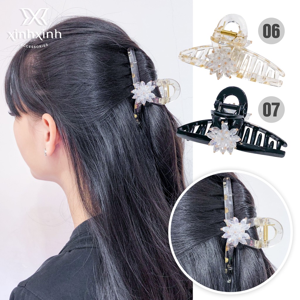 Kẹp tóc nửa đầu huy hiệu kim loại, kẹp tóc đính hoa giả pha lê cao cấp - Xinh Xinh Accessories